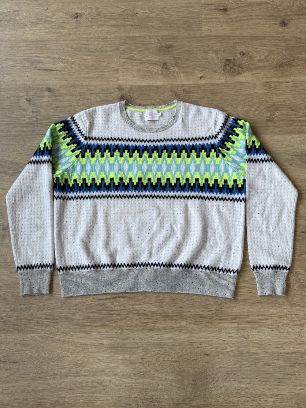 BRODIE 100% Cashmere Fair Isle Neon Accent Knit Washable Sweater | Sz L